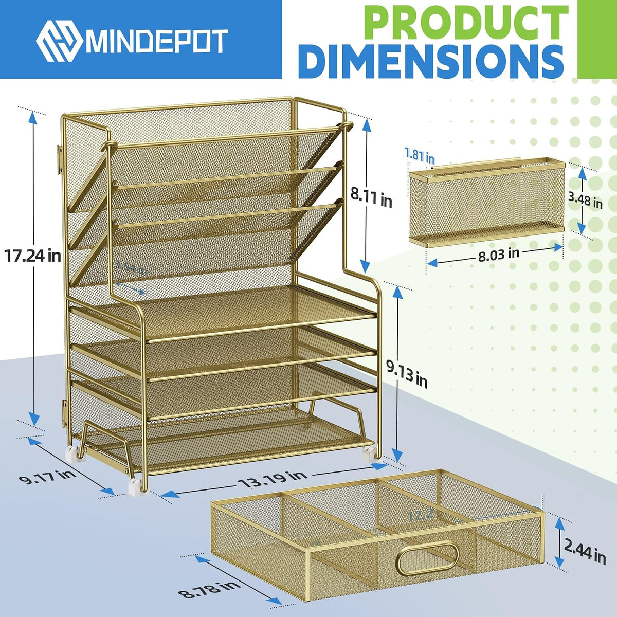 MINDEPOT 4-Tier Paper Organizer + 3-Pocket File Holder + Drawer + Pen Holders, Desktop File Organizers Paper Tray for Office Supplies School Classroom Organization (Gold, with Drawer & Pen Holder)