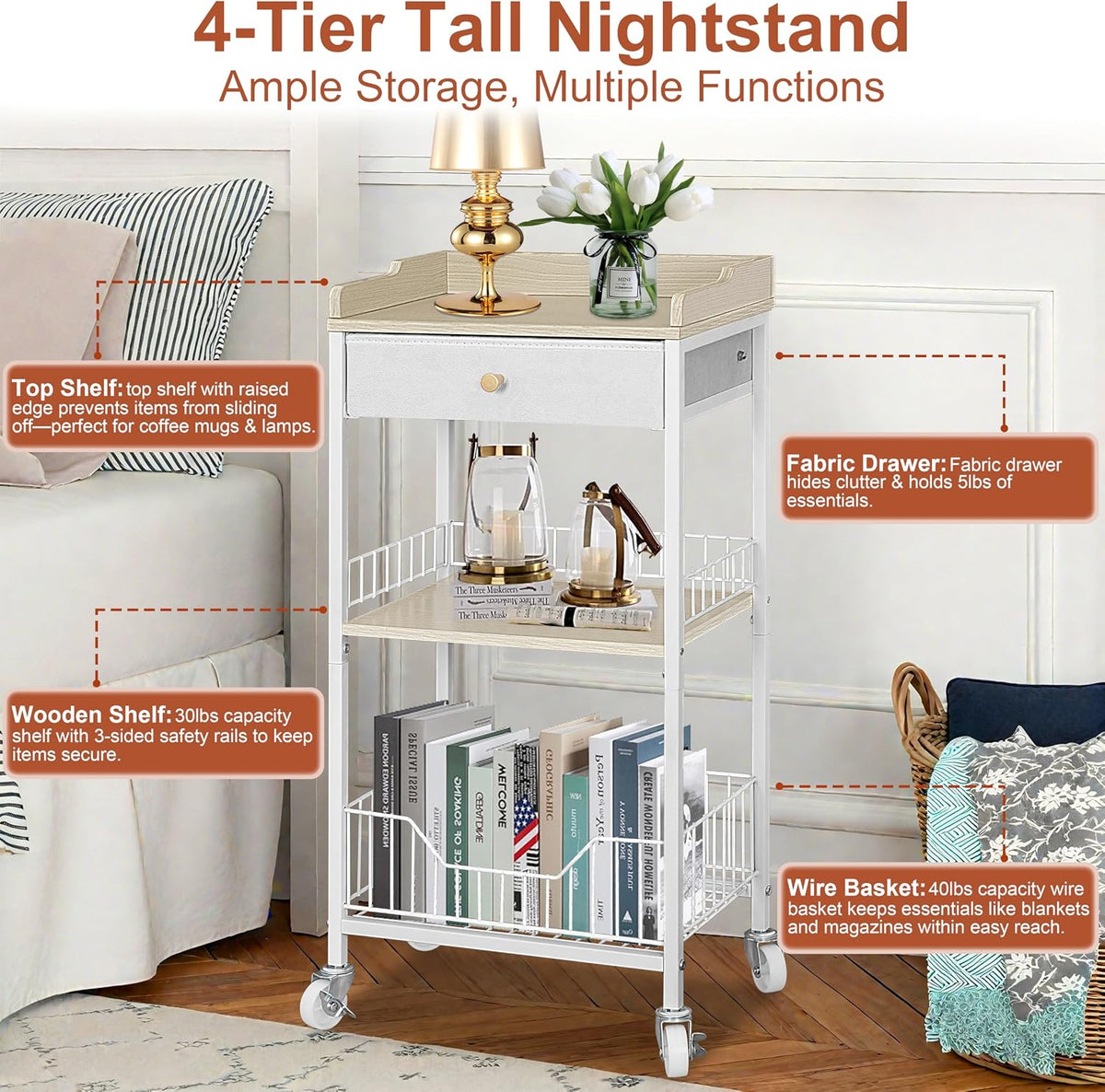 4-Tier Small Side Table with Wheels & Drawer, White & Natural