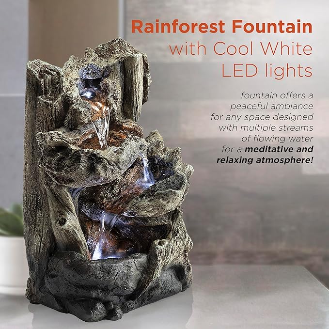 Alpine Corporation | 14"H Indoor Tiered Log Tabletop Fountain with LED Lights — Cascading Waterfall Design Creates Relaxing Ambiance for Home & Office Décor