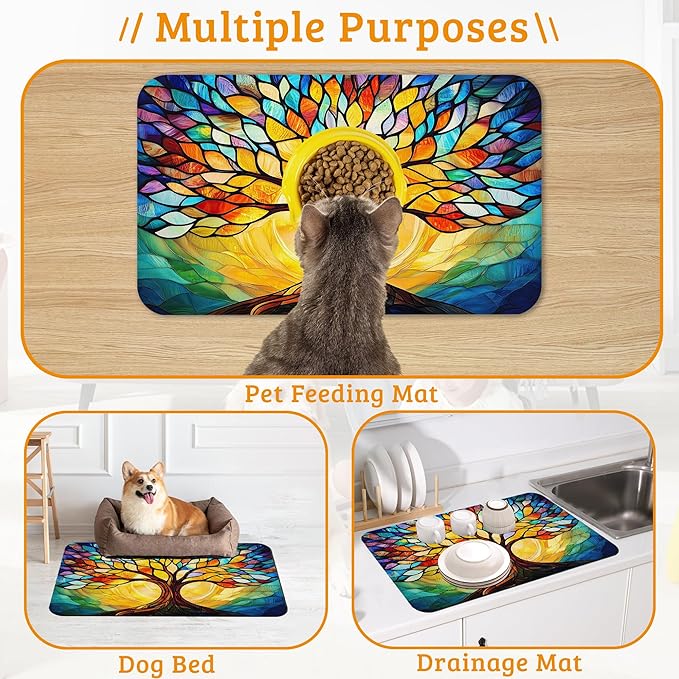 Tree of Life Feeding Mat,Colorful Tree Absorbent Quick-Dry Cat Dog Food and Water Bowl Mats,Non-Slip Rubber Backing Mat,Cat Dog Accessories Supplies 12" x 20"