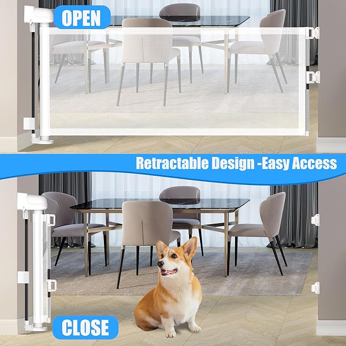 14" H Short Dog Gate - Pet Gates Puppy Gate, Mesh Retractable Step Over Pet Fence, Expands Up to 59" Indoor/Outdoor, Small Dog Gates for Doorways & Stairs