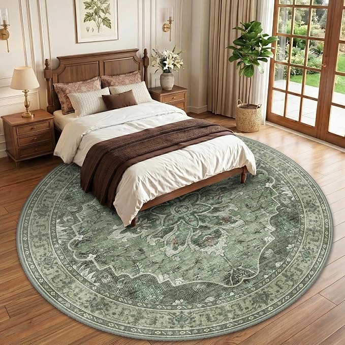 RELEANY Area Rugs Round 10ft Washable Non-Slip, Floral Vintage Distress