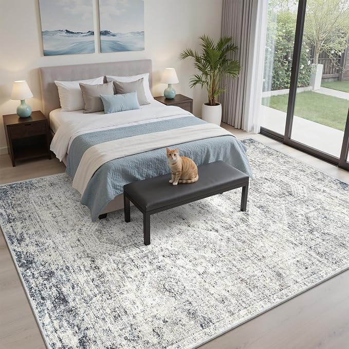 Soalmost 5x7 Area Rugs Blue Ivory Low Pile Indoor Washable Trendy Faded Style