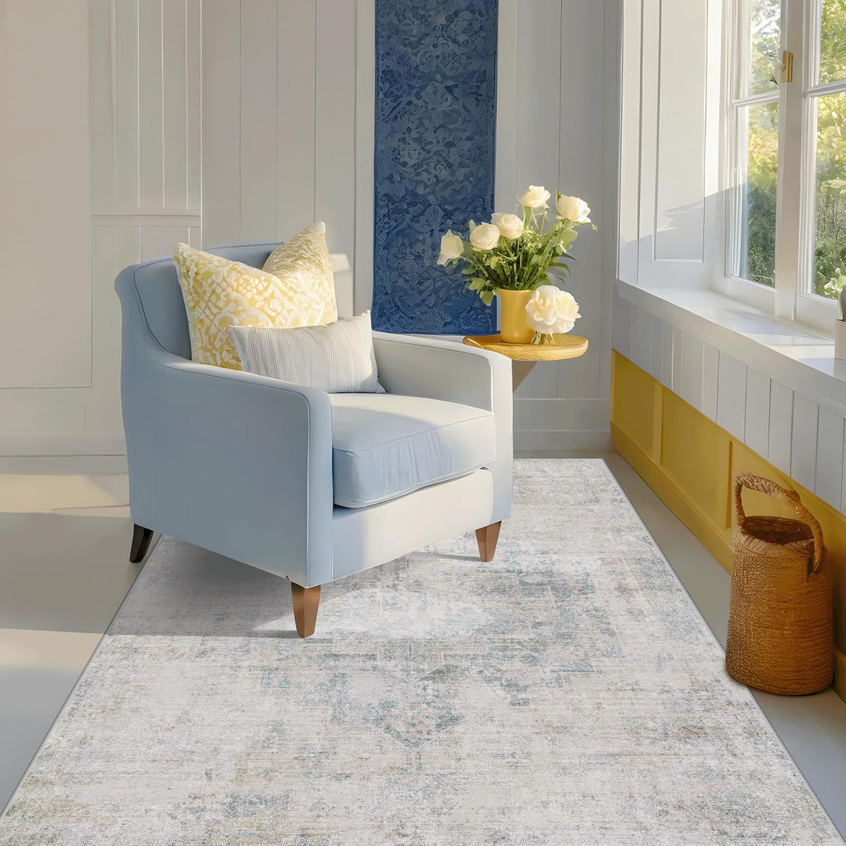 Low Pile Office Rugs for Rolling Chairs - 5x7 Abstract Rugs for Living Room, Large Entryway, Cream Slate Blue Decor, Non Slip with Rubber Backed & Stain Resistant, Distressed Design