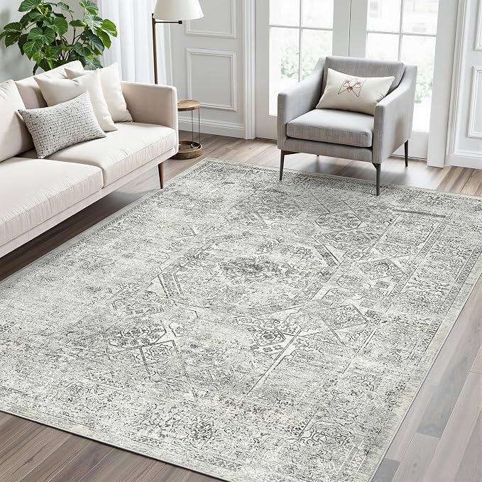 Soalmost 5x7 Area Rugs Grey Low Pile Indoor Washable Trendy Faded Style Floral