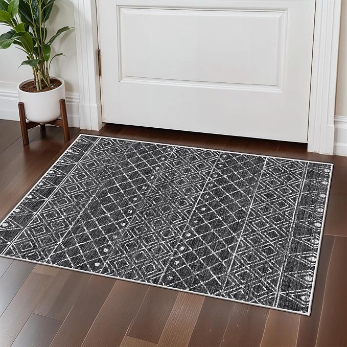 Black Moroccan 2x3 Entryway Small Area Rug | Machine Washable Low Pile Thin Non