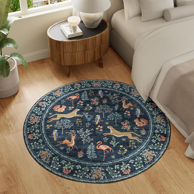 DUKINO 4ft Round Rug, Washable Round Area Rug, Non Slip Indoor Low Pile Animal