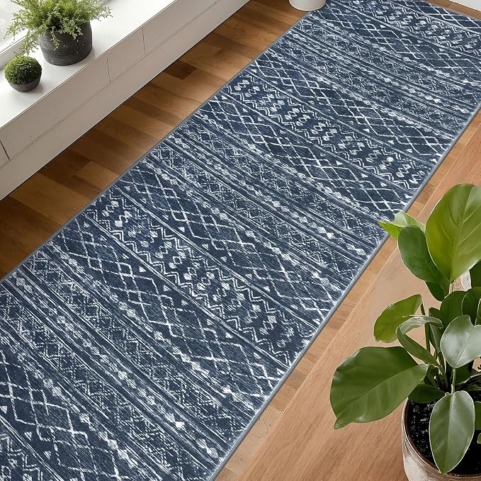 KUTA Boho Runner Rug for Hallway 2.6x16 Moroccan Washable Navy Blue Rugs