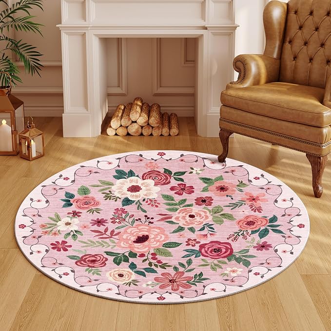 DUKINO Floral Round Rug, 4ft Washable Round Area Rug, Non Slip Indoor Low Pile