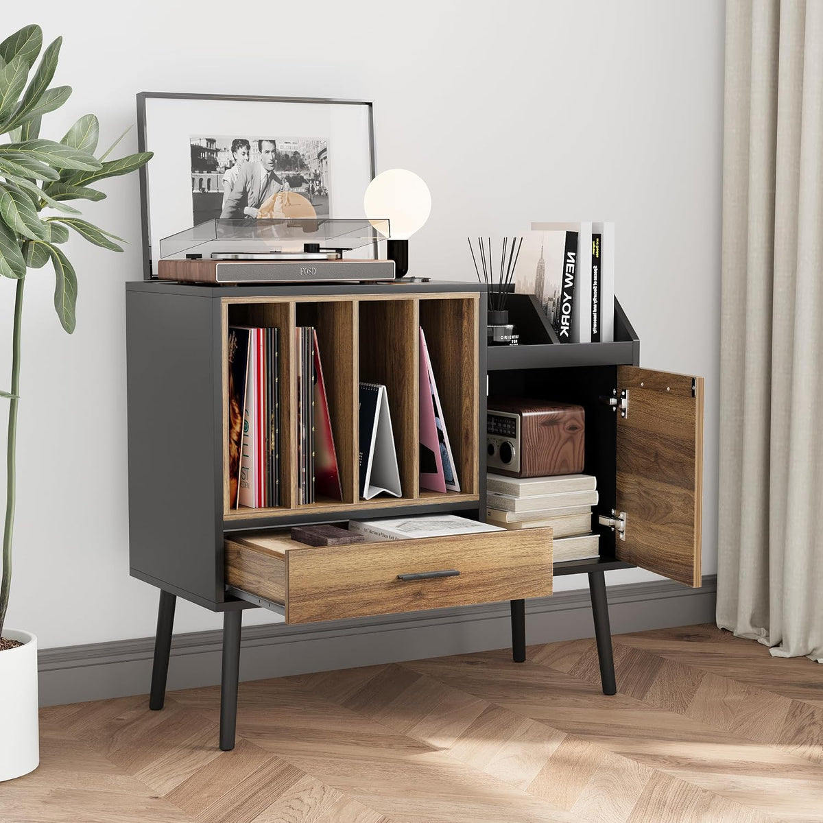 Semiocthome Record Player Stand with Nesting Vinyl Storage Crate, Record Player Table with a Drawer, a Cabinet, CDs Storage Area, Side End Table with Solid Wood Legs for Turntables for Living Room