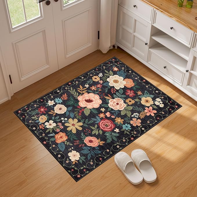DUKINO 2x3 Rugs for Entryway, Floral Indoor Washable Door Mat, Non Slip Boho