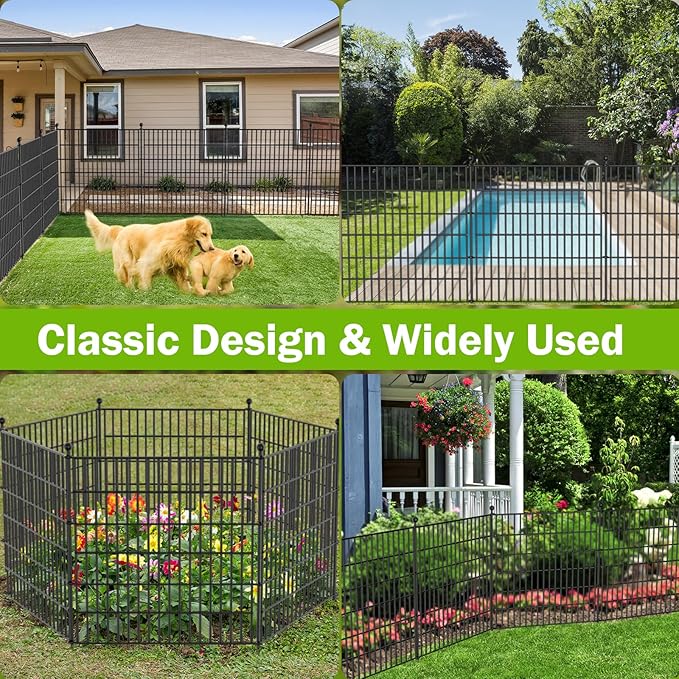 10 Panels No Dig Decorative Outdoor Garden Fence with Gate for Yard, 40 in(H) X 23.6 ft(L) Animal Barrier Fencing Rustproof Metal Wire Panel Border for Dog, Rabbits, and Patio Temporary Ground Stakes