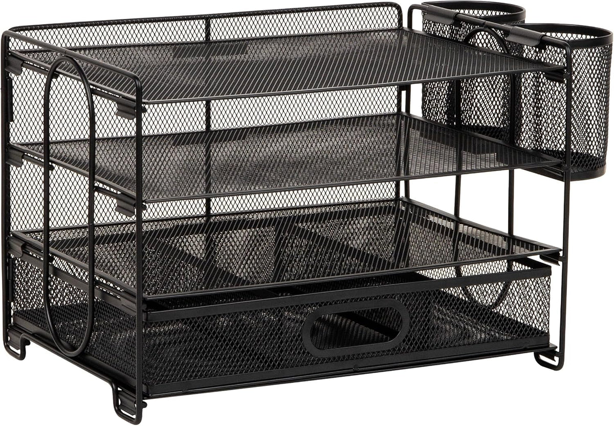 Mind Reader Mesh Desk Organizer, 3 Trays, 1 Drawer, 2 Pen Holders, Office Desktop Organizer, Metal Mesh, Black