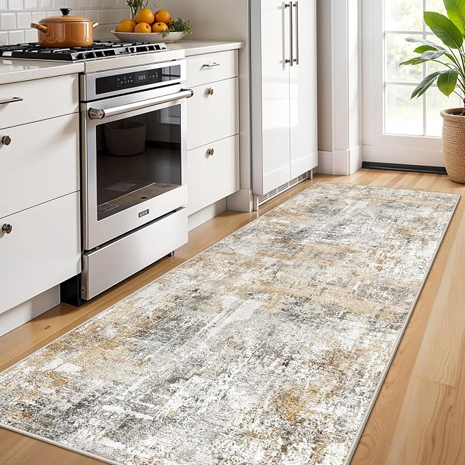 3x7 Washable Non-Slip Kitchen Runner Rug – Modern Abstract Neutral Beige & Gray