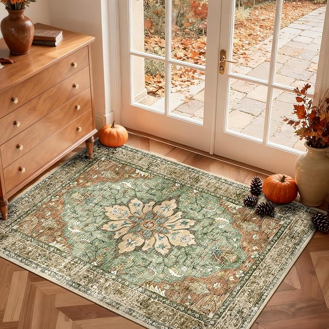 RELEANY Area Rugs 3'x5' Washable Non-Slip, Floral Vintage Distress Medallion