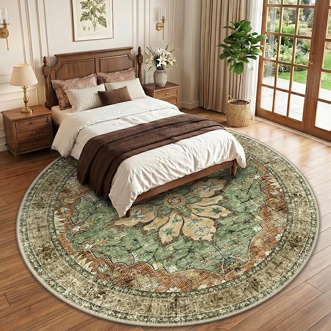 RELEANY Area Rugs Round 10ft Washable Non-Slip, Floral Vintage Distress