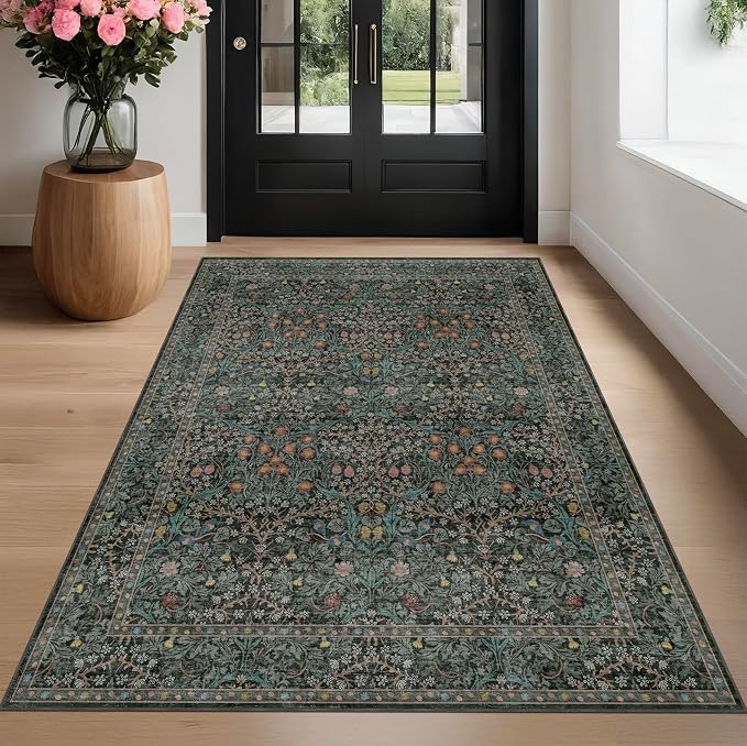 Washable Vintage 5x8 Living Room Rug, Dark Green Floral Area Rug