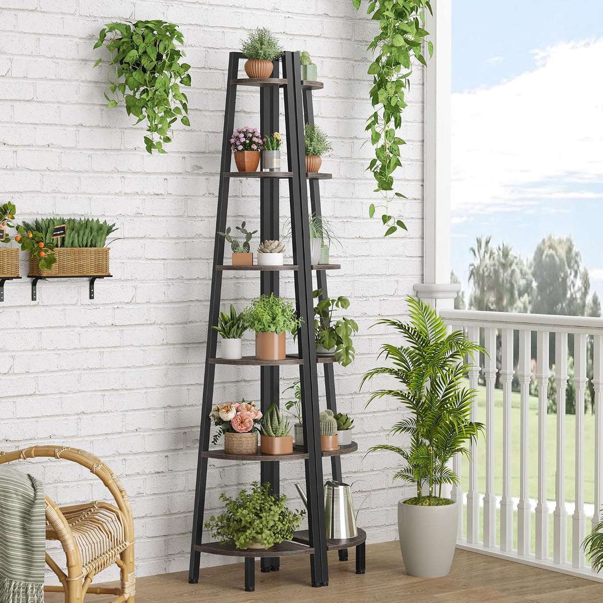Hoctieon Corner Shelf, 6-Tier Corner Bookshelf, Rustic Ladder Shelf, Industrial Display Stand for Living Room, Kitchen, Home Office, Balcony, Small Space, Metal Frame, Grey