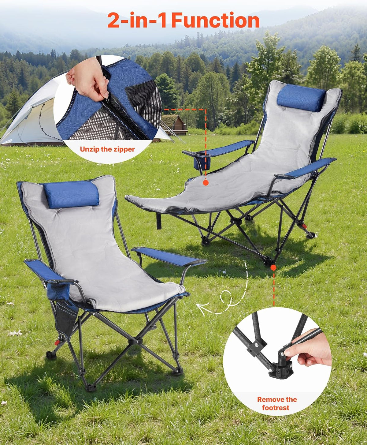 VEVOR Reclining Camping Chair, 4 Adjustable Positions, Portable Folding Lounger for Adults, Mesh Beach Chair with Footrest & Plush Cushion, Supports 220 lbs, Heavy Duty Camp Chairs for Patio, Blue