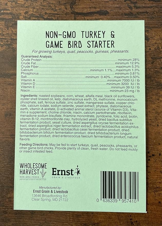 Non-GMO Turkey & Game Bird Starter Feed – 10 lb, 28% Protein, Omega-3, Calcium, Probiotics, Prebiotics & Herbs – Complete Nutrition and Quality Game Bird Feed