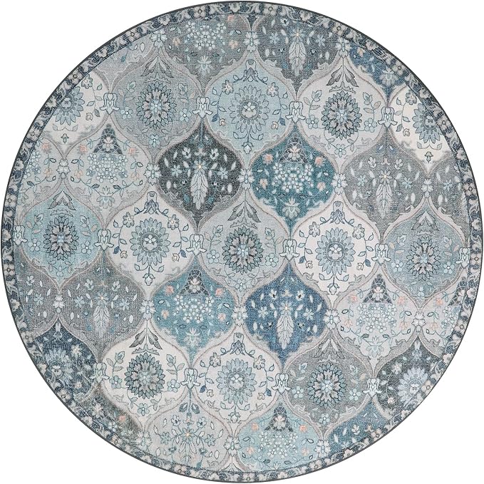 Lahome Moroccan Trellis Round Rug, Faux Wool, Machine Wash, Non-Slip Backing