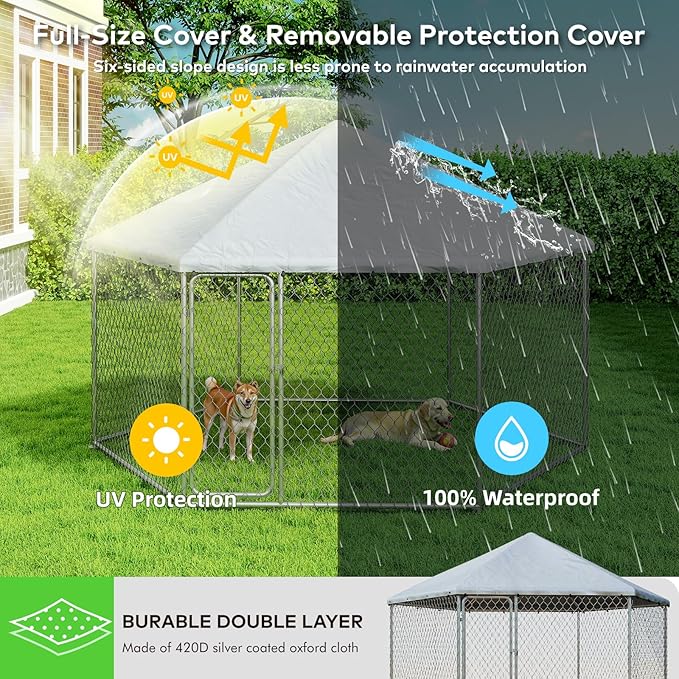 6.8x6.8 FT Large Outdoor Dog Kennel Outside with Heavy-Duty Steel Frame, Waterproof UV-Resistant Cover, Secure Lock, and Hexagonal Wire Fence