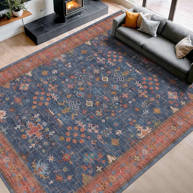 Boho Navy Blue 10x14 Area Rug for Living Room, Extra Large Dining Room Rugs for