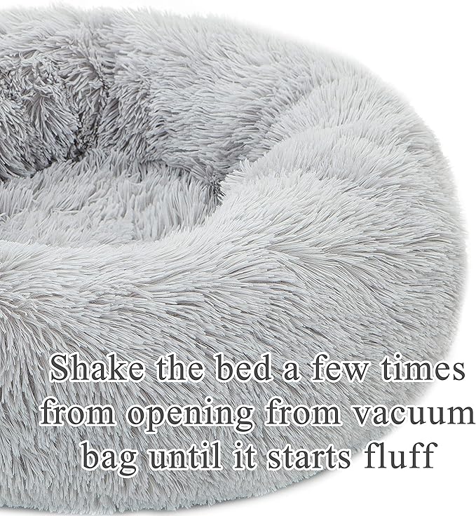 Donut Bed Medium Size Dog, Calming Soft Round Cuddler Dog Beds Fluffy Plush Faux Fur Pet Beds (24", Light Grey)