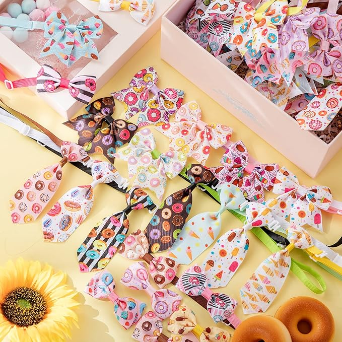 Reginary 100 Pieces Dog Bow Tie Collar Set Include 40 Dog Neckties, and 30 Puppy Bowties, 30 Collar Flowers, Adjustable Pet Ties Grooming for Small Medium Cats Pets Supply(Donut)