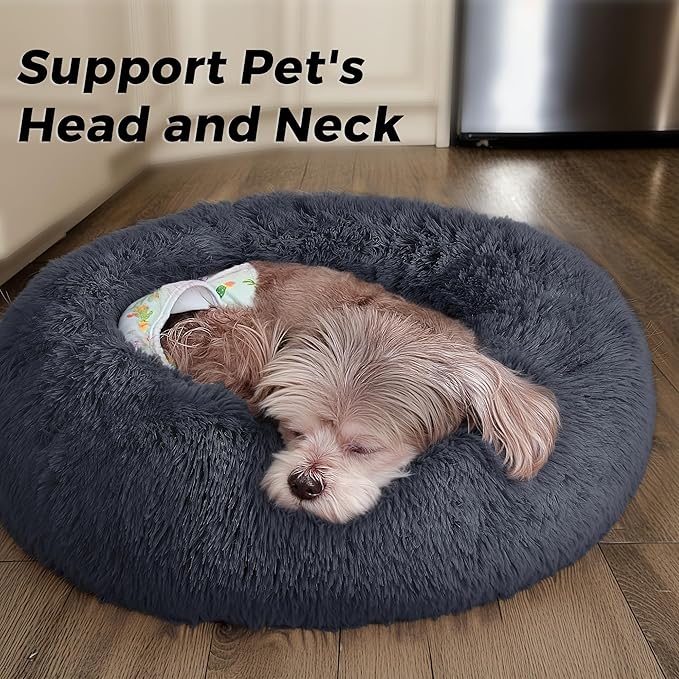 Calming Dog Bed & Cat Bed for Indoor Cats, Medium Size Washable Anti-Slip Anti-Anxiety Donut Dog Beds for Small Dogs & Cats, Fluffy Plush Cozy Round Dogs Beds(20 Inch, Blue Grey)