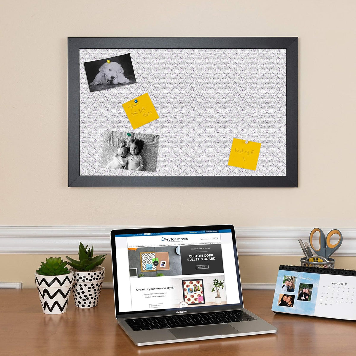 PinPix 40x28 Inch Cork Bulletin Board. This Decorative Framed Pin Board Comes with White Circles Design and a Satin Black Frame. Ideal for Home Office Decor or Message Board (PinPix-494)