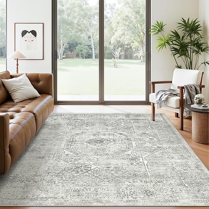 Soalmost 5x7 Area Rugs Grey Low Pile Indoor Washable Trendy Faded Style Floral