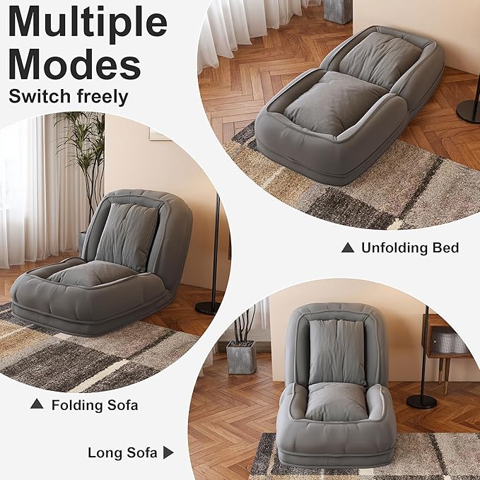 Adjustable 5-Position Human Dog Bed for People, Big Comfy Plush Floor Gaming Lazy Sofa Chair with Pillows & Back Support, Foldable Lounge Loveseat Couch for Living Room Bedroom (Grey①)