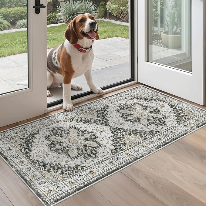 Madane Washable Area Rug 2x4, Small Entryway Rug Non-Slip Vintage Door Mat