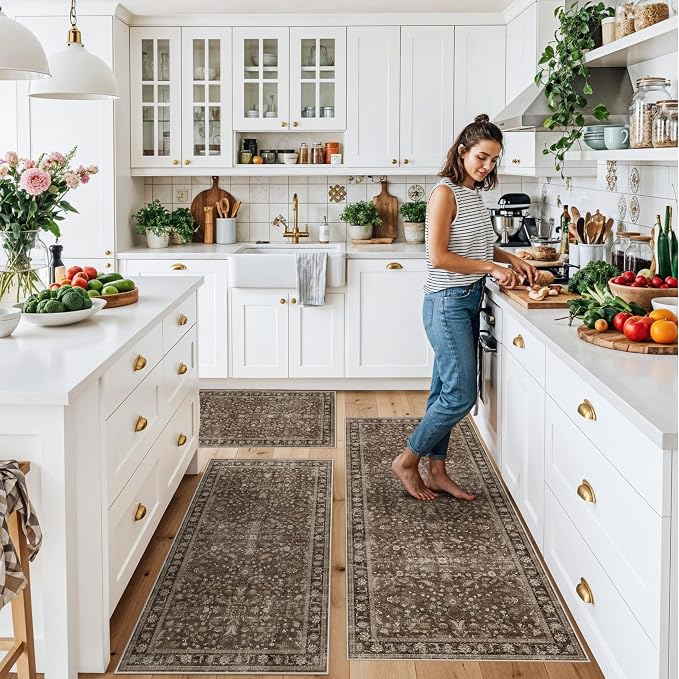 Washable Non-Skid 3 Piece Kitchen Rugs Set – Modern Boho Floral Low-Pile Area