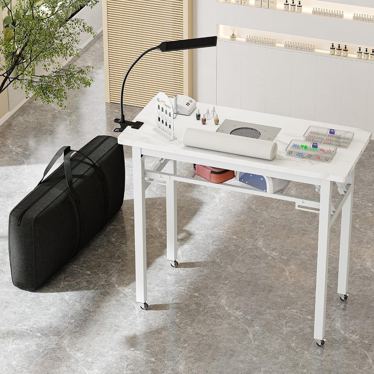 Portable & Foldable Manicure Table w/Dust Collector, Rolling Nail Tech Desk w/LED Light Lamp, Wrist Cushion, Lockable Wheels, Carrying Case, for Home Travel Beauty Salon Workstation (Marble White)