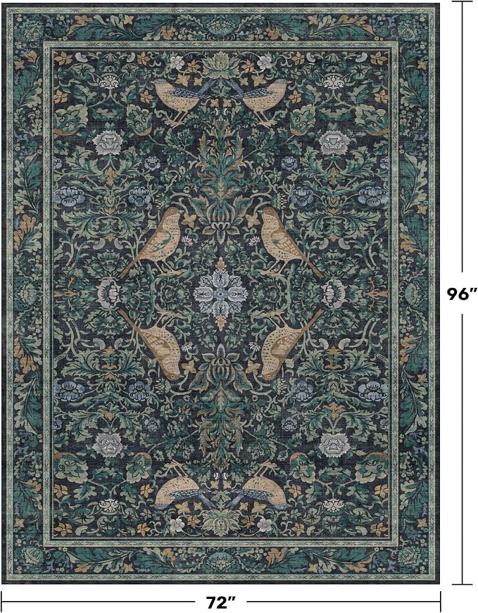 Washable 6x8 Blue Floral Area Rug