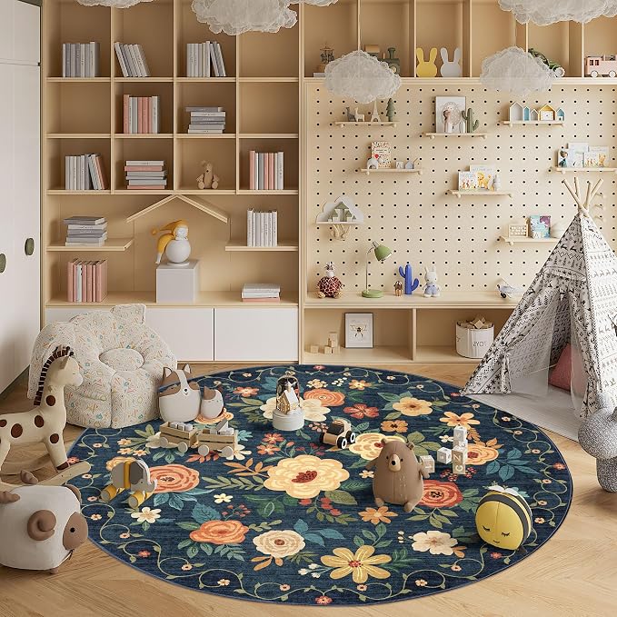 DUKINO Floral Round Rug, 6ft Washable Circle Rug, Non Slip Indoor Low Pile