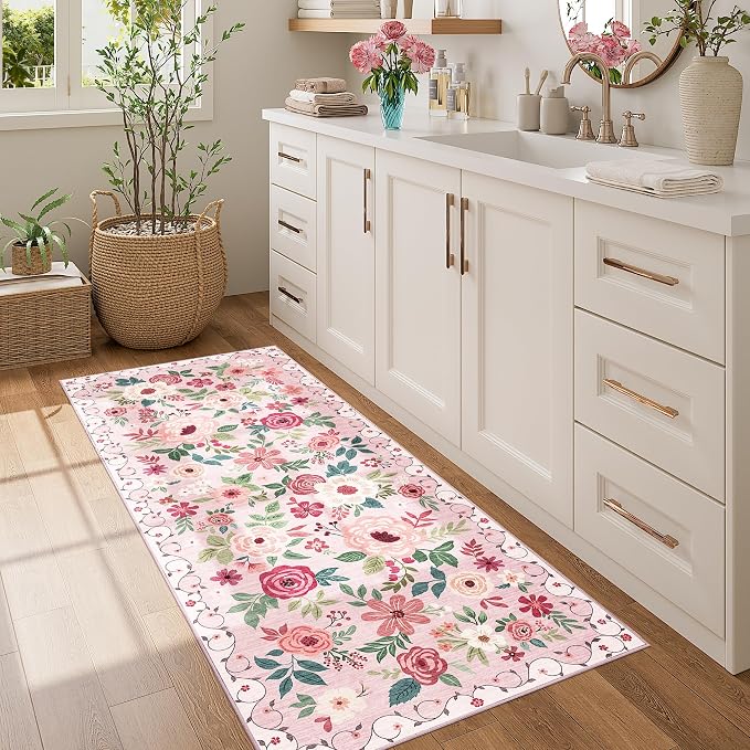 DUKINO 2x5 Runner Rug for Hallway, Washable Kitchen Floral Runner Rug