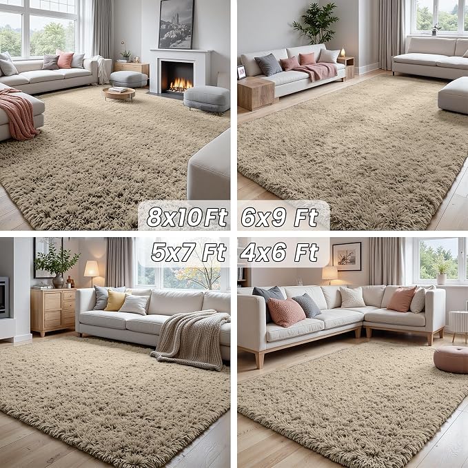 8x10 Area Rugs for Living Room Rug: Soft Fluffy Shag Gray Camel Rugs for Bedroom