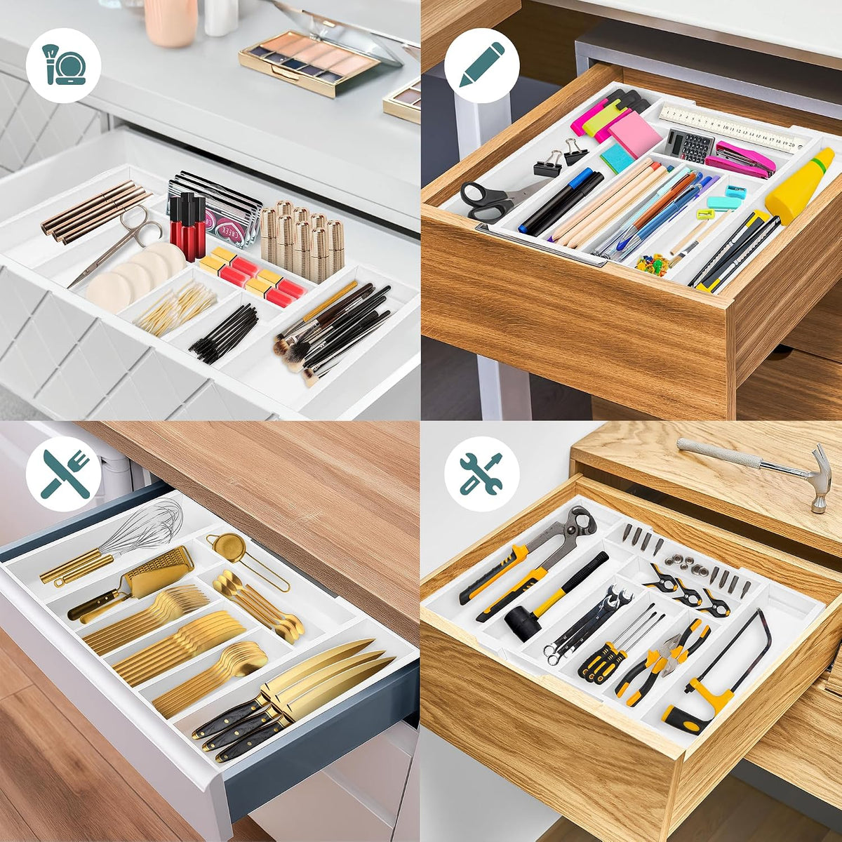 Sben Bamboo Cutlery Drawer Organizer, White, Medium