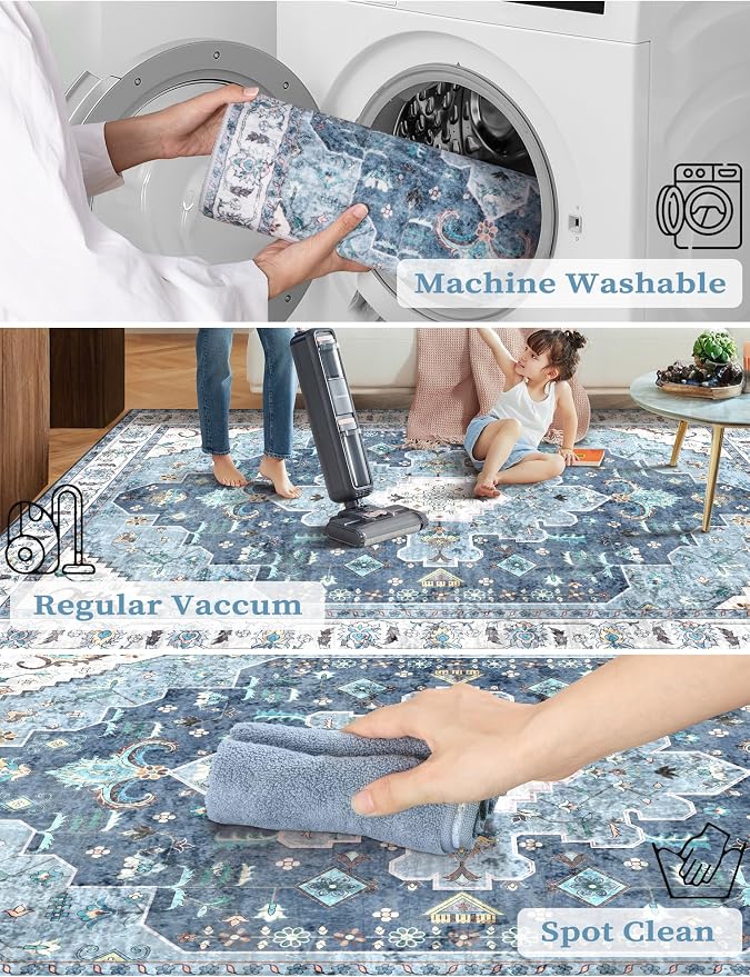 SERISSA Boho Washable Runner Rug, 2x6 Rug Non-Slip Vintage Blue Hallway Kitchen