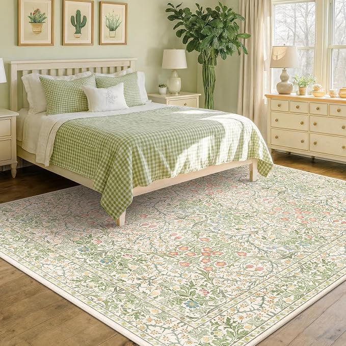 Light Green Bedroom Rug, 7x10 Washable Area Rug Non-Slip