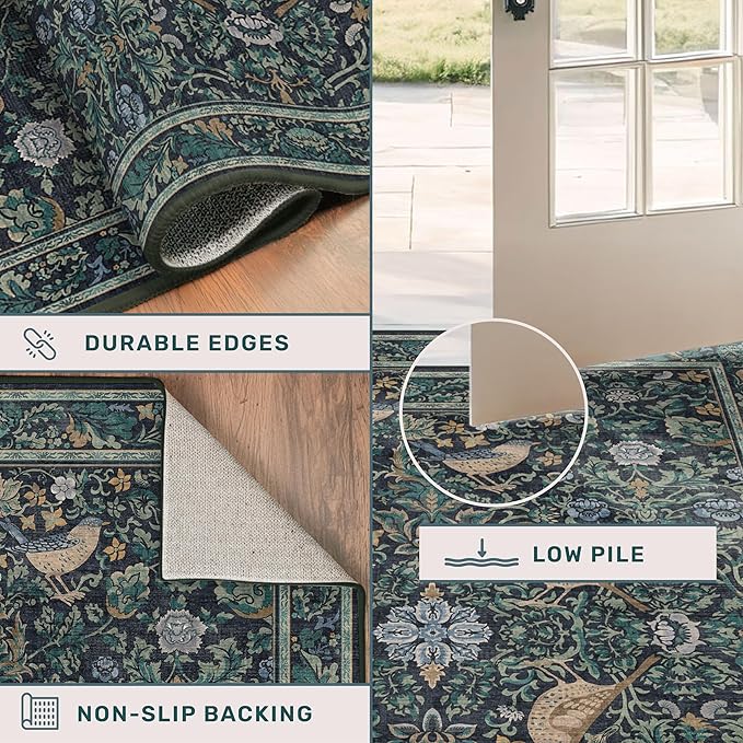 Washable Floral Small 2x3 Dark Blue Entryway Rugs Indoor, Botanical Bird