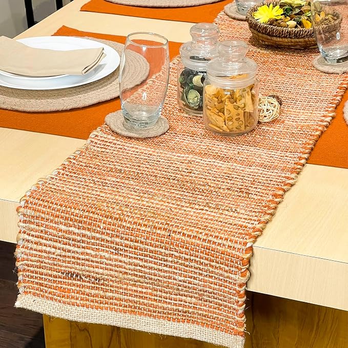 Natural Jute Table Runner, 13x48 Inch, Rust Orange | Vintage Boho Rustic Table