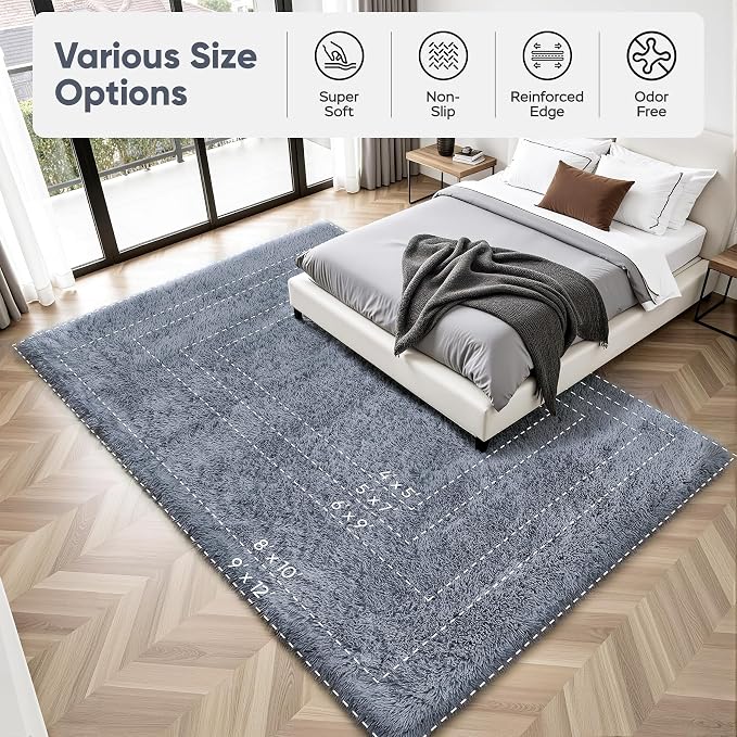 Area Rug for Living Room Bedroom: 8x10 Grey Soft Fluffy Shag Upgrade Non-Slip