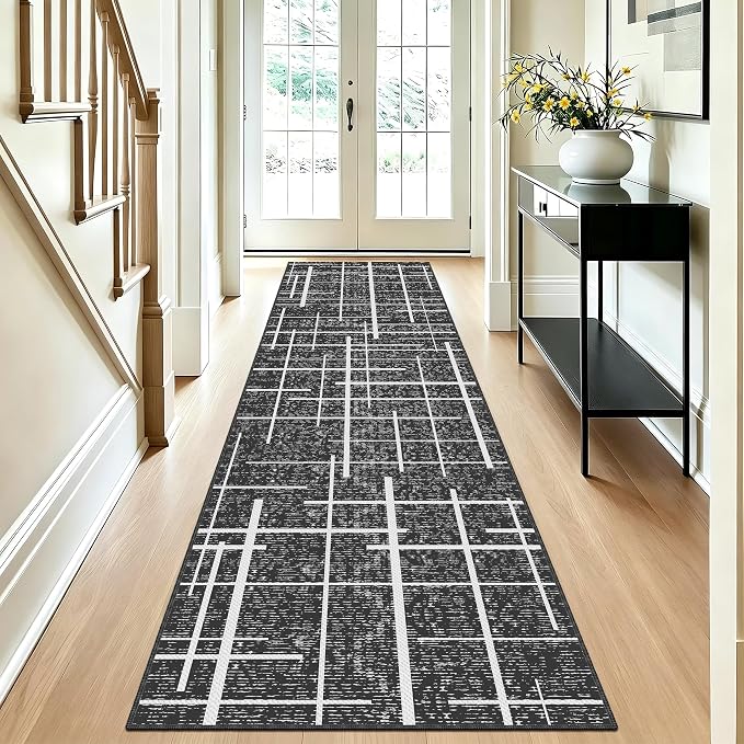 Non Slip Hallway Runner Rug 2x8, Modern Distressed Stripe, Washable Long Rug
