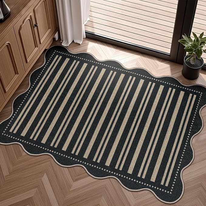 Striped Easy Jute Entryway Rug, 2x3 Black Indoor Outdoor Doormat, Washable