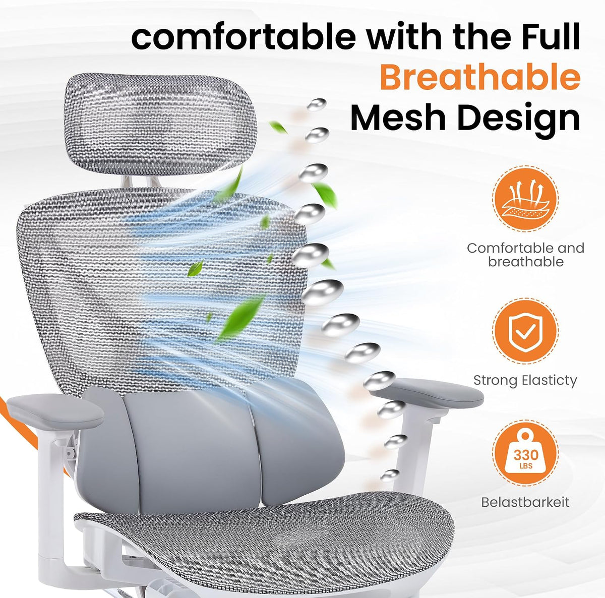 LuxErgo Big & Tall Ergonomic Mesh Office Chair 350lbs, High Back Reclining Gaming Desk Chair with 3D Headrest, Adjustable Armrests, Lumbar Support & Retractable Footrest, Gray
