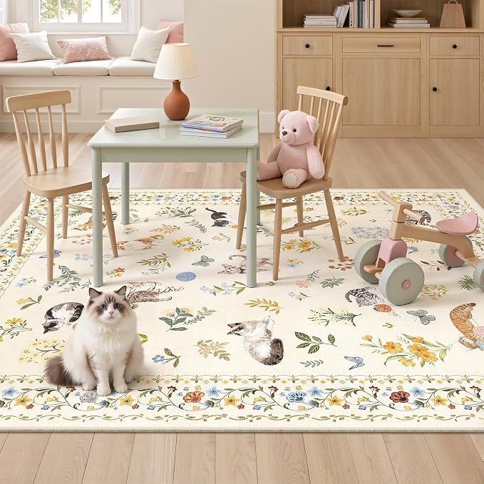 Soalmost Cat 4x6 Area Rugs, Machine Washable Animal Floral Accent Rug Non-Slip